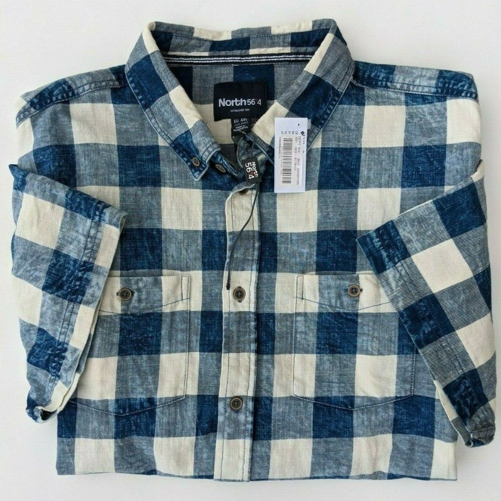 Big & Tall NORTH 56º4 Sz 3XL Sort Sleeve Blue Plaid Mens' Shirt RET $89.50